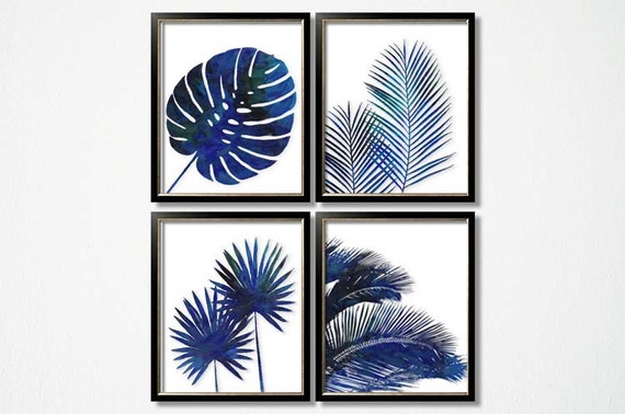 Indigo Foliage Prints Blue Palm Wall Art Set of 6 Tropical
