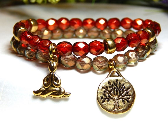 Yoga Pose Charm Bracelet Tree of Life Stacking Red Gold Beaded