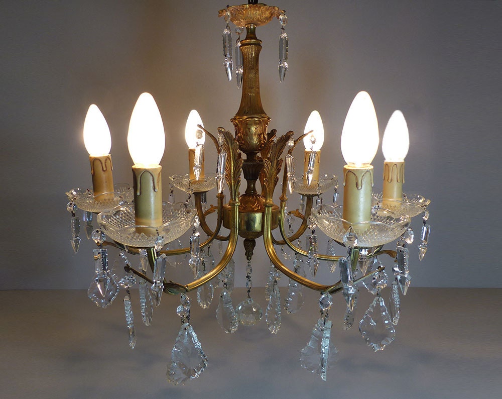 Antique French bronze and crystal prisms chandelier 6 arms