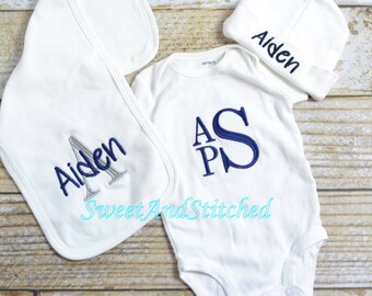 Personalized baby boy gift set layette - monogram baby boy outfit, newborn hat, burp cloth - Baby boy take home outfit - Baby shower gift -