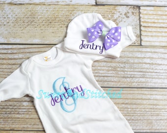 Personalized newborn gown or bodysuit, baby girl take home hospital outfit purple and aqua, newborn hat with name, monogram baby girl outfit
