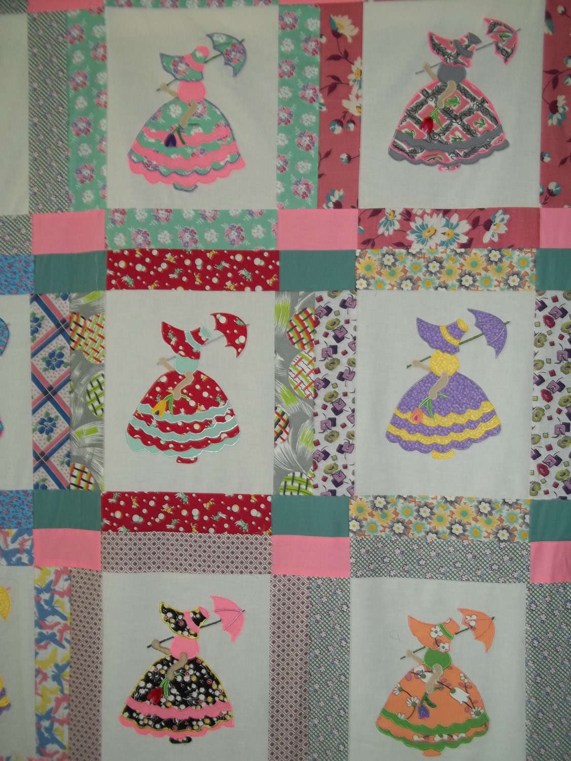 Southern Belle with Parasol Quilt Top Vintage Look