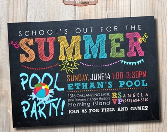 Chalkboard Pool Party Invitation. Summer party. DIY card. Digital Printable card
