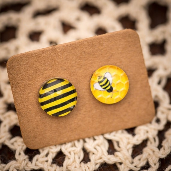 FREE SHIPPING - Bee Earrings - Unique - Surgical Steel - Sensitive Ears - Mismatched Asymmetrical Bee Honey Hive Honeycomb Free Postage