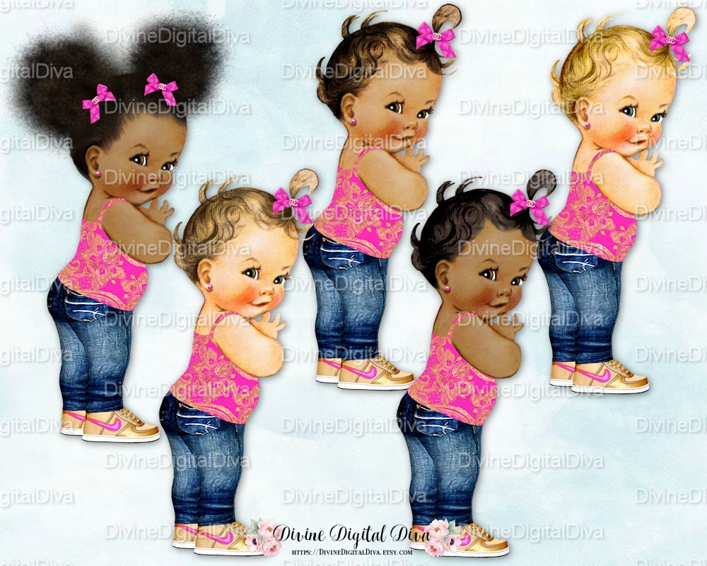 Download Baby Girl Jeans Gold High Top Sneakers Hot Pink w/ Gold Afro