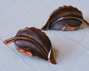 Copper Leaf Earrings Clipon Vintage Jewelry Repurpose Reuse Wear