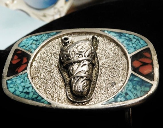 Belt Buckle Crushed Turquoise and Red Coral Pewter Belt Buckle Gun Holster Cowboy Rodeo Southwestern Western Inlay Inlaid Belt Buckle