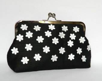 Black and White Floral Silk Clutch, Floral Clutch, Wedding Clutch, Clutch Purse, Evening Clutch, Silk Clutch