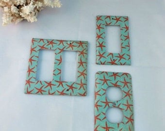 Set of 3 Aqua Starfish electrical outlet covers for beach home decor_switch plate covers