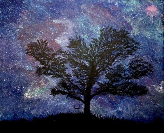 Silhouette tree galaxy sky painting