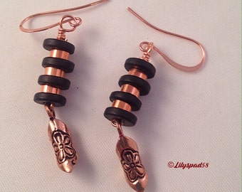 Copper and Black Heishi Beaded Earrings, Gift for Her, Bohemian, Artisan, Drop Dangle Earrings, Floral, Special Occasion, Holiday, Birthday