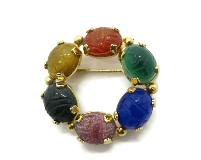 Vintage Burt Cassell Scarab Brooch, 12K Gold Filled Gemstone Circle Pin