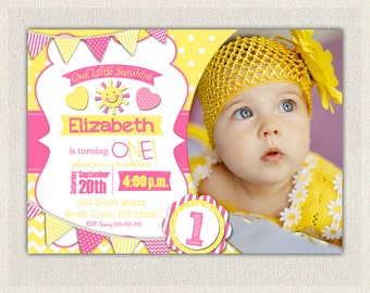First Birthday Invitation Sunshine Girls 1st 2nd 3rd Birthday Yellow and Pink 1st Birthday Party You Are My SUNSHINE Invitations