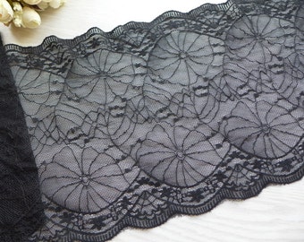 7.9" wide Black Elastic Lace for Boot Cuffs, Headbands, Fingerless Gloves, Lingerie