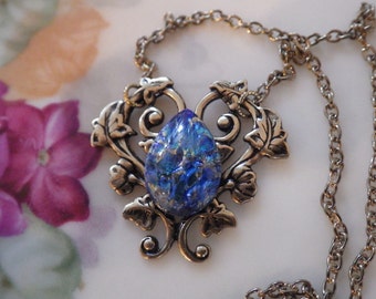 Sapphire Blue Opal ~ Pendant ~ Art Nouveau Style ~ Vintage Glass ~ Blue Harlequin ~ Vintage Style ~ by LadyofTheLakeJewels