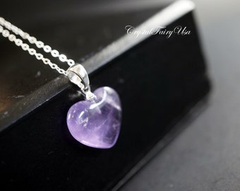 Amethyst Heart Necklace - Sterling Silver Amethyst Necklace - Stone Heart Pendant - February Birthstone - Crown Chakra Crystal Healing