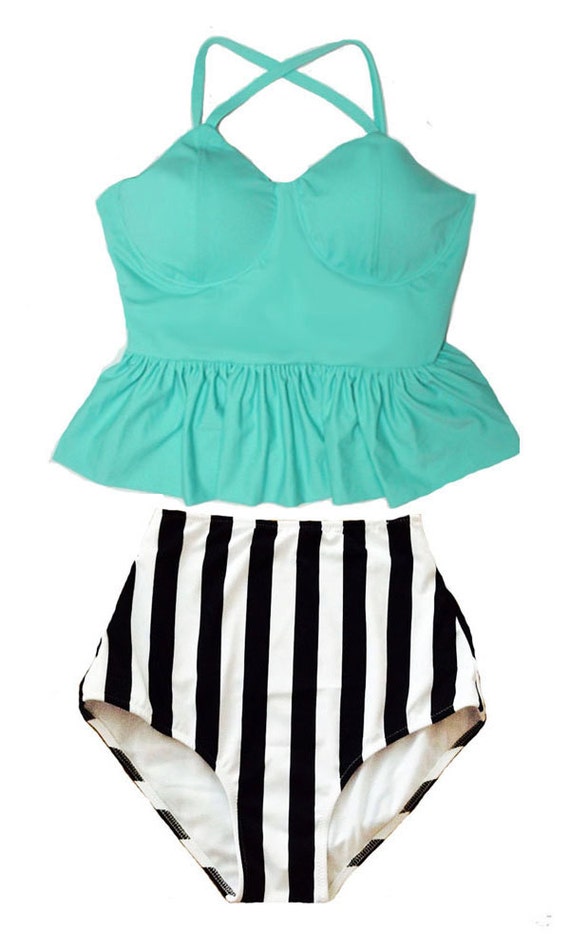 MInt Green Long Peplum Straps Top and Stripe High Waist