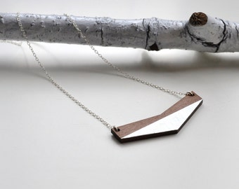 Chevron Necklace - Contemporary Walnut Wood Chevron and Silver Leaf Necklace with Silver Chain - geometric necklace - wood chevron pendant