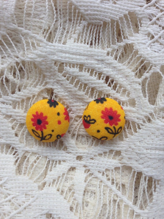 Fabric Button Earrings/Small Stud Earrings/Yellow
