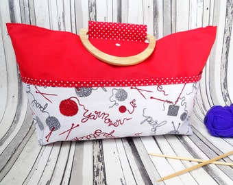 Knitting bag featuring knitting images, large knitting project bag, knitting organizer, craft project bag, crochet project bag, yarn bag