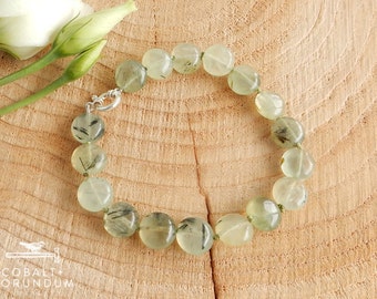 Green Prehnite mineral bracelet with sterling silver clasp | Green gemstone (10 mm) coin flat round