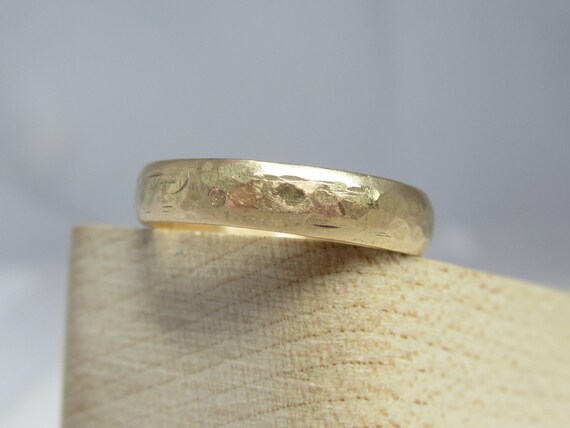 14K Yellow Gold Hammered Wedding Band 3.5mm Half Round for