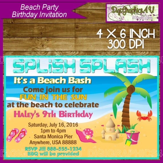 Beach Party Birthday Invitation for Kids Fun in by DigiGraphics4u