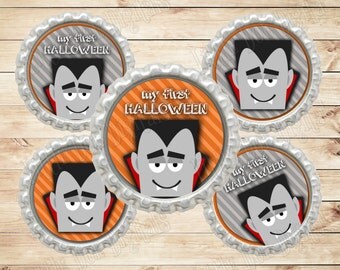 20% OFF SALE Instant Download My First Halloween Dracula 1" Circle Bottle Cap Images - Gray & Orange - Halloween Bottle Cap Images