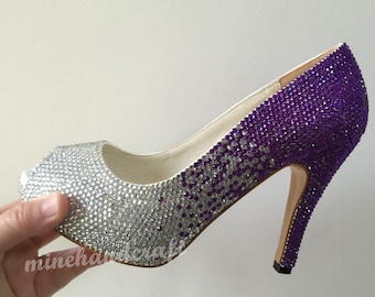 Women Pumps High/low Heels Dark Purple Crystal Rhinestone Prom