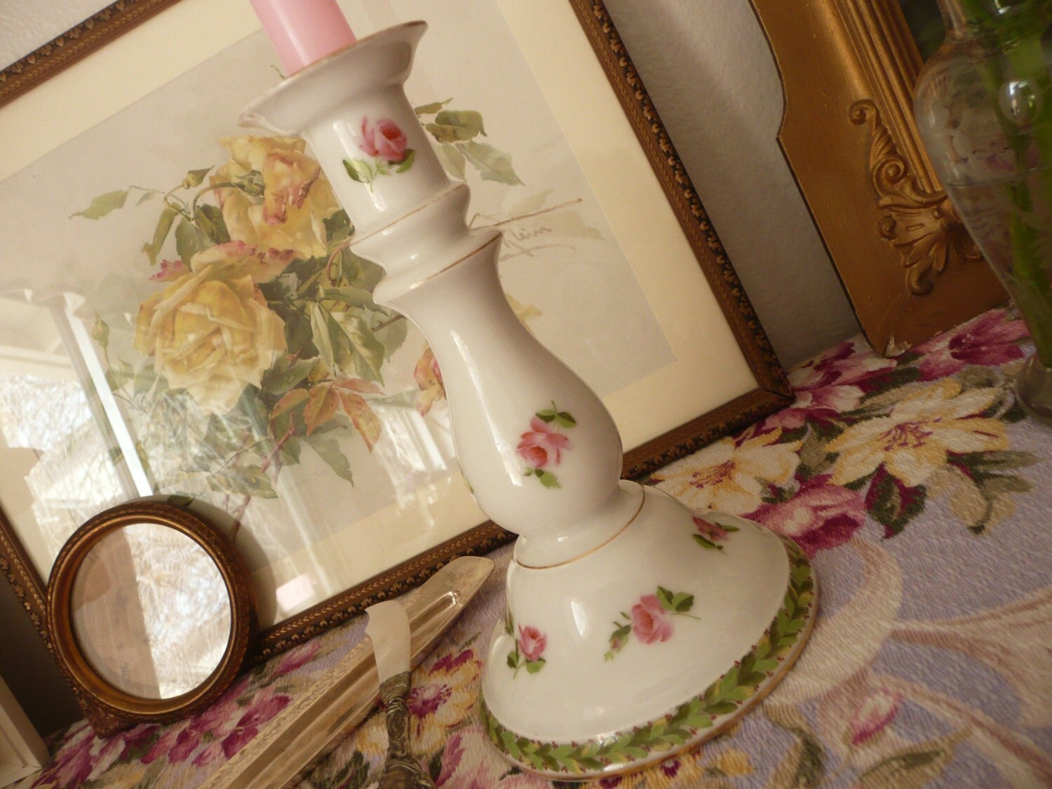 Vintage Limoges Porcelain ROSES Candlestick Candle Holder T&V