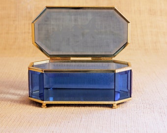 Vintage Etched Blue, Mirrored Glass Box, Bohmian Cut Glass, Crystal COBALT BLUE, Beveled Glass, Mirrored Bottom, Jewelry box, Keepsake