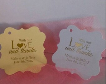 PERSONALIZED Rose Gold or Silver Embossed Foil Wedding Favor Tags Flourish Square With Love & Thanks Gift Tag