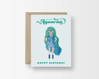 Aquarius Zodiac Birthday Card / Horoscope Birthday / Watercolor Illustration Card / Fashion Birthday Girl / Birthday Card for Girlfriend