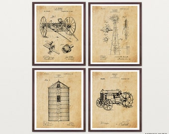 Farm Patent Art Set - Farm Art - Farming Poster - Farming Art - Farmhouse - Tractor - Silo - Tractor Patent - Windmill - Windmill Patent