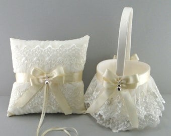 Ivory on Ivory Wedding Bridal Flower Girl Basket and Ring Bearer Pillow Set ~ Double Loop Bow & Double Hearts Charm ~ Allison Line