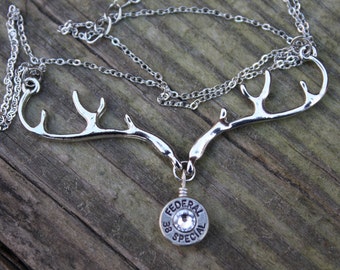 Deer antler necklace, Bullet jewelry, silver deer antler necklace, buck antlers, bullet necklace, brass redneck bullet, 38 Special, antler a
