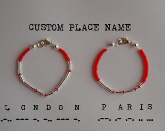 Two Custom City / State / Country / Place Morse Code Bracelets - Silver / Gold - Long Distance Relationship