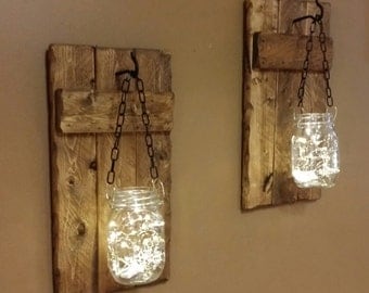 Rustic Decor, candle holders,hanging Mason jars With Lights, sconces, Mason Jar with Firefly lights, Rustic sconces set of 2.