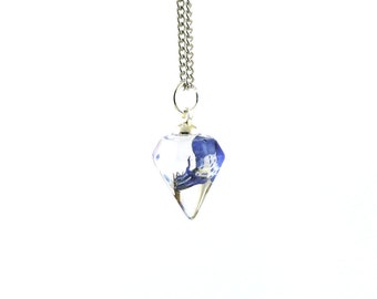 Terrarium necklace - Pressed blue flower preserved in resin faceted cone pendant necklace - Custom length