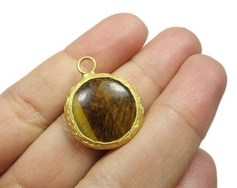 Tigereye Gemstone Pendant- 25 mm 24k Gold Plated Bezel Charm Pendant - GS094
