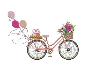 Bicycle with Flowers and Balloons Filled Machine Embroidery Digitized Design Pattern - Instant Download - 4x4 , 5x7, and 6x10 -hoops
