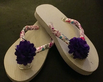 Purple Flip Flops. Peacock Feathers Ivory wrapped flip flops