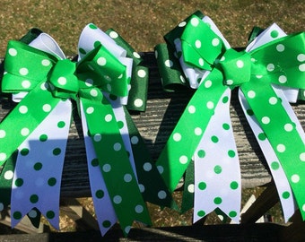 Horse Show Bows, Equestrian Bows, Competition Horse Bows. Green & White Show Bows. Equestrian Show Bows. Set Of Two Show Bows
