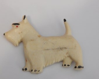 Vintage Scotty Dog Brooch Cream Colored White Celluloid Scottish Terrier Brooch Pin
