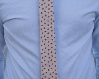 Off White with Red and Green Floral Print Skinny Necktie