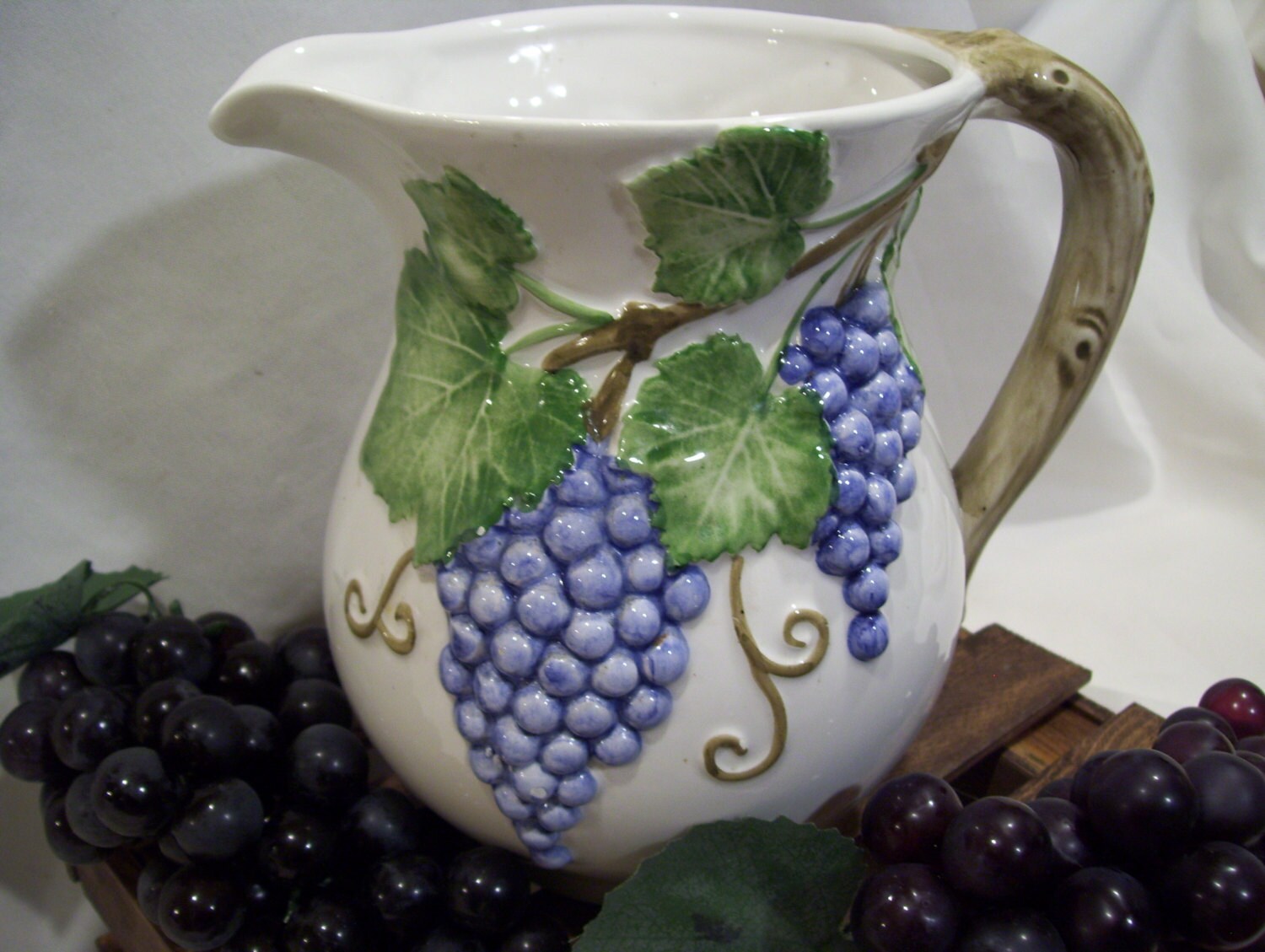 White Ceramic Grape Design Pitcher from Italy, Hand Painted from