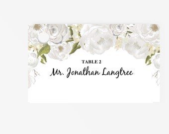 Printable Place Card Template | Editable Escort Word Tent Card and Gift card | Instant Download | DIY You print | Peony | White Floral