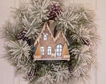 Limited Edition Snow Capped Pine Winter Wreath With Battery Lighted Cabin