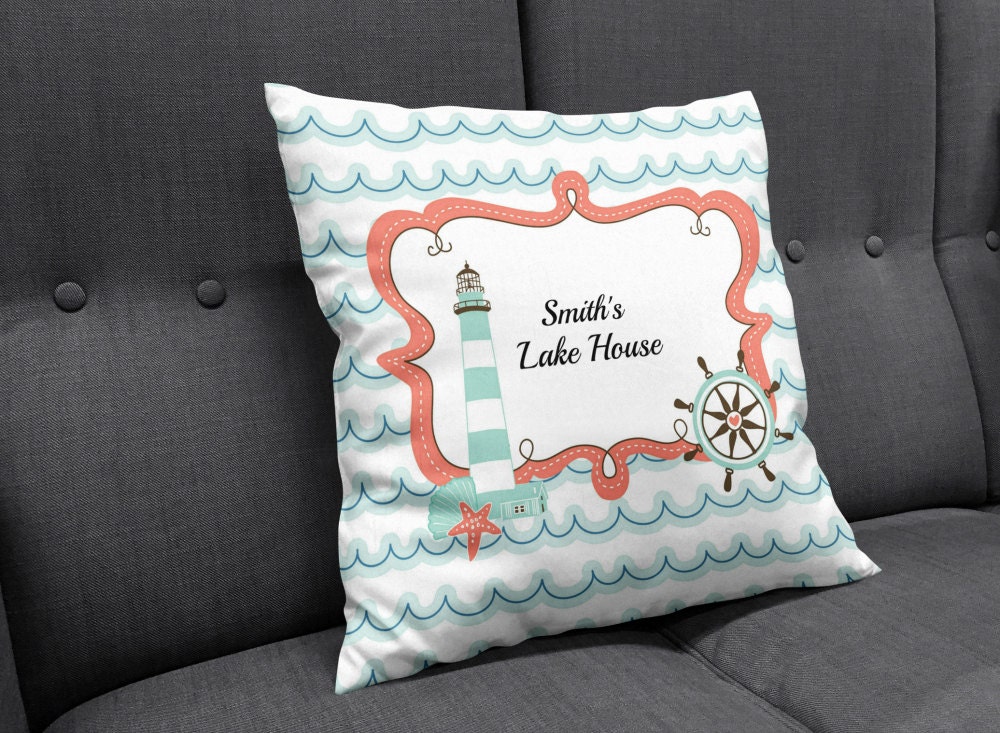 Nautical Throw Pillow Personalized Lake House Decor Coral