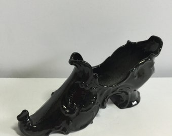 1960's Ceramic Black Shoe Figurine Succulent Planter, Floral Decal, High Heeled Shoe Figurine,Pin Cushion, Jewelry Holder,Decorative Planter